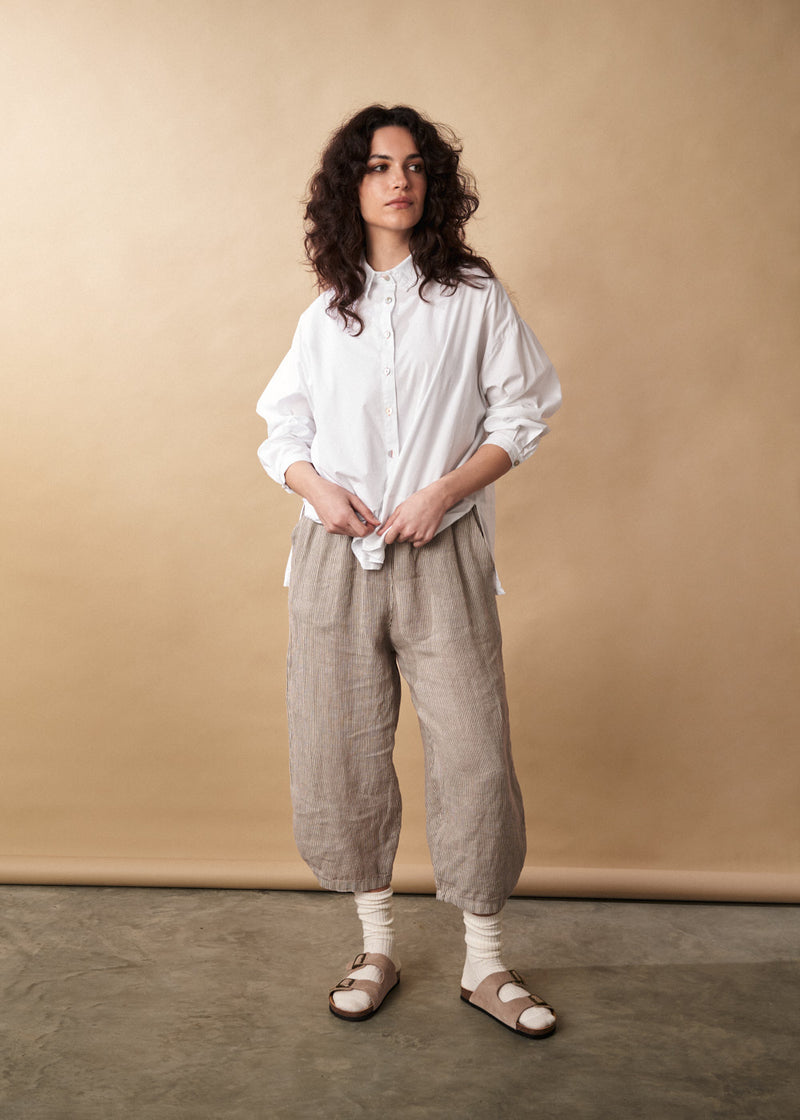 Light oatmeal linen trousers with stripe detail