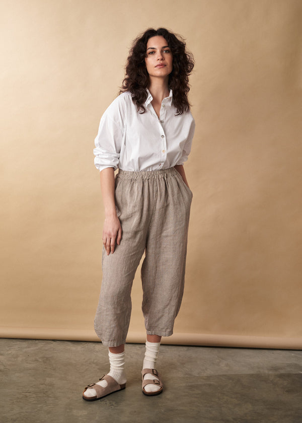 Light oatmeal linen trousers with stripe detail