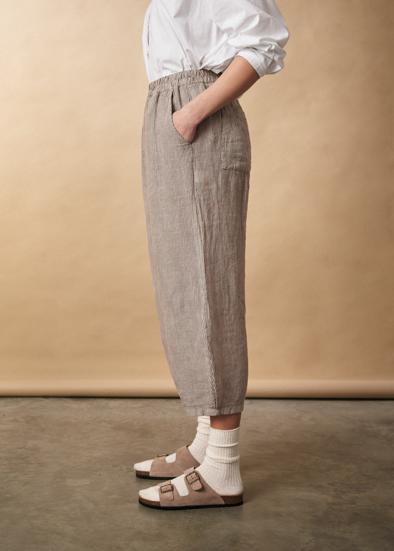 Light oatmeal linen trousers with stripe detail