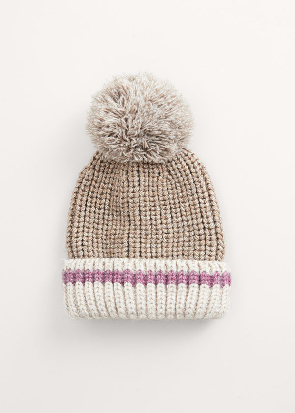 Oatmeal pompom bobble hat with pink trim