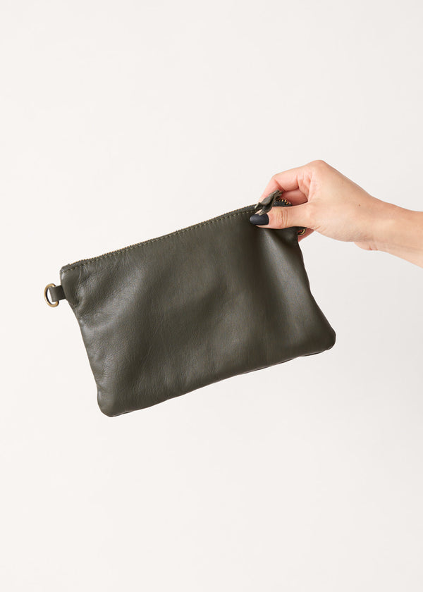 Dark khaki green leather clutch bag