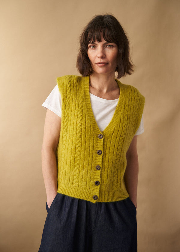 Acid yellow button up knit waistcoat