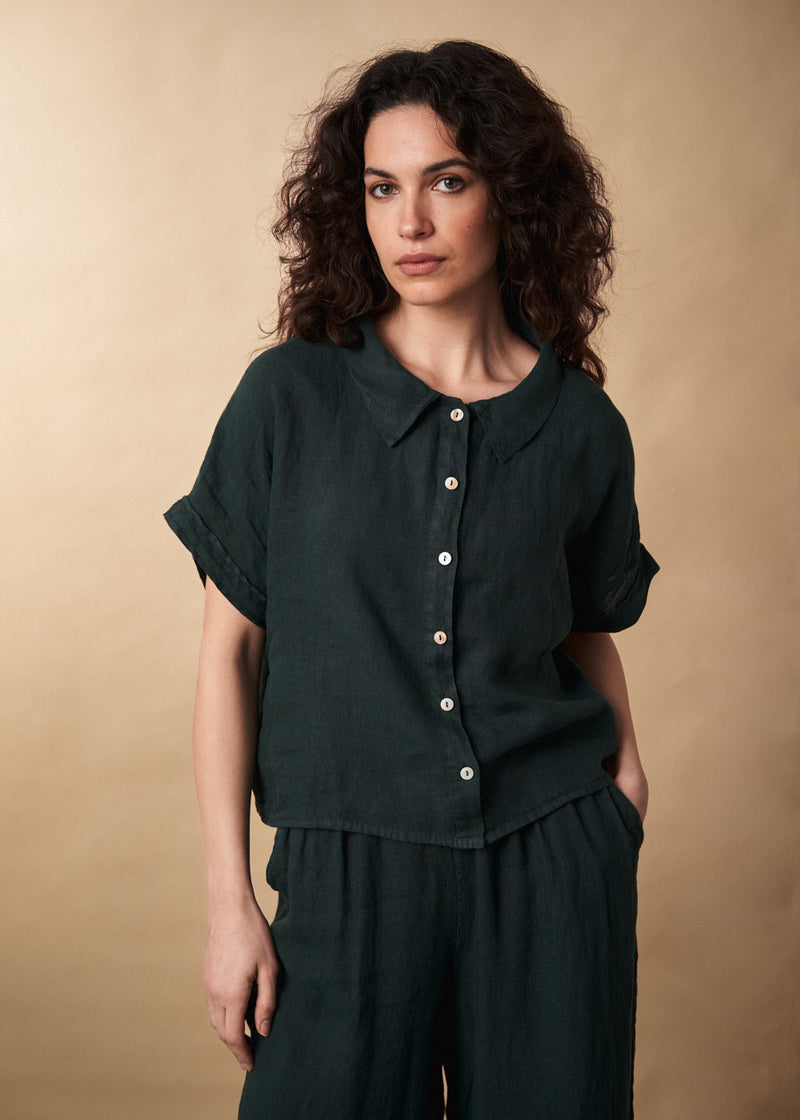 Dark green linen boxy cropped shirt