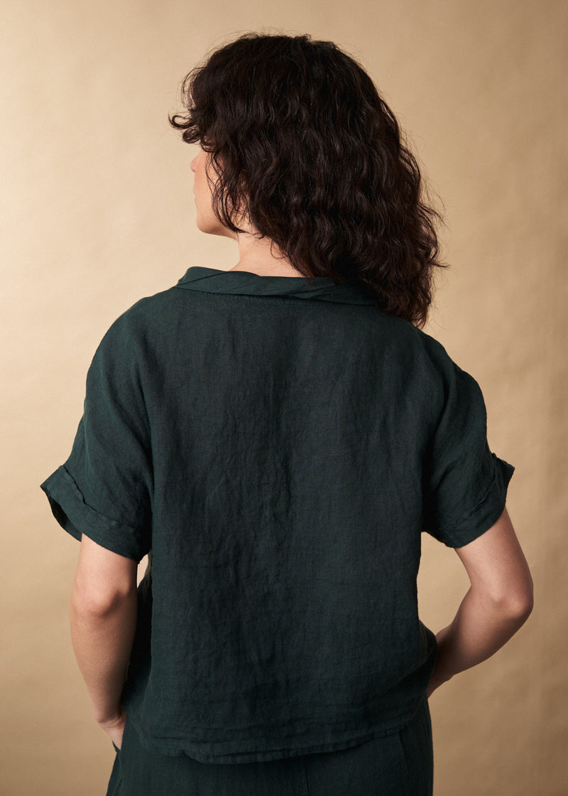 Dark green linen boxy cropped shirt