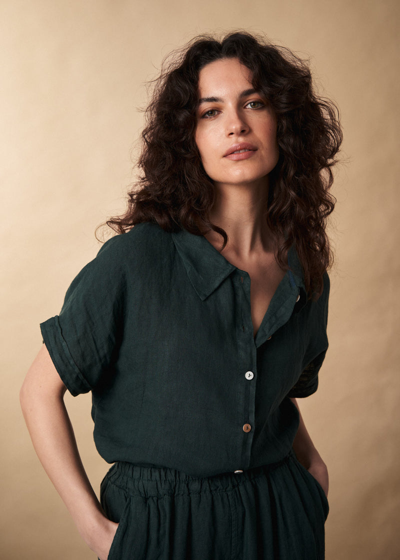 Dark green linen boxy cropped shirt