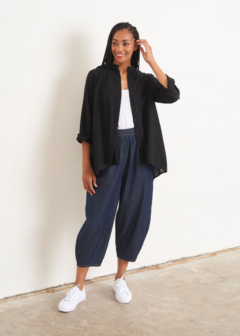 Relaxed chambray denim barrel leg trouser jeans