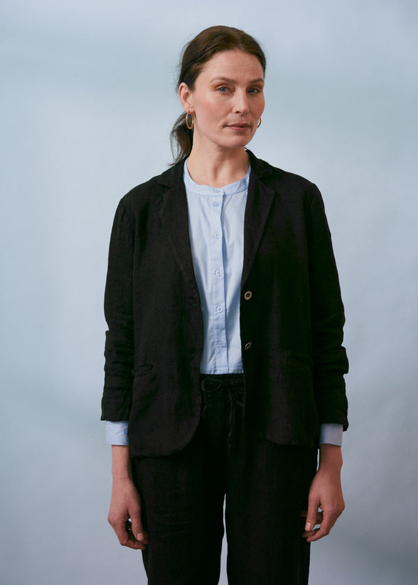 Black linen blazer with metal buttons