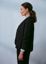 Black linen blazer with metal buttons