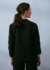 Black linen blazer with metal buttons