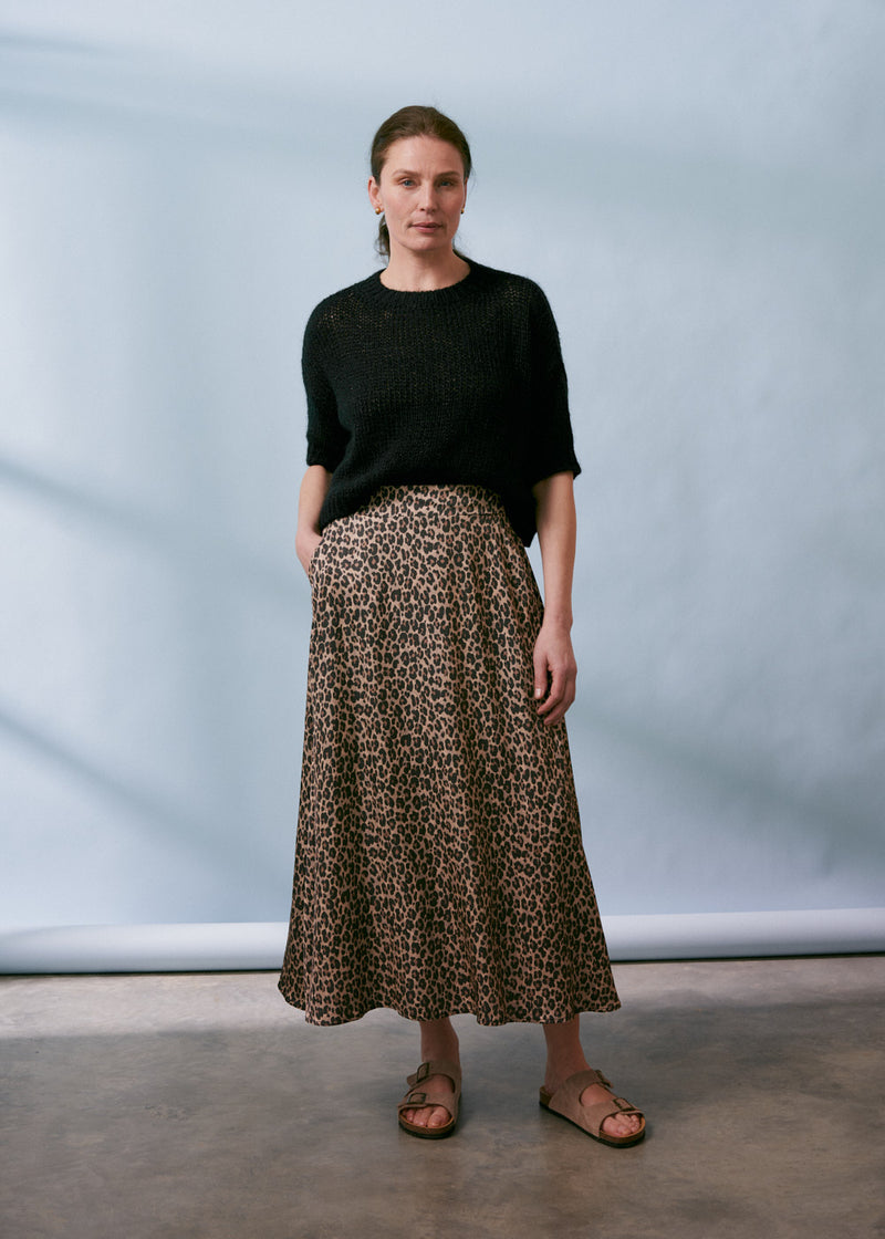 Leopard print satin midi skirt