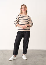 Light oatmeal sweater with cropped sleeves and navy stripe