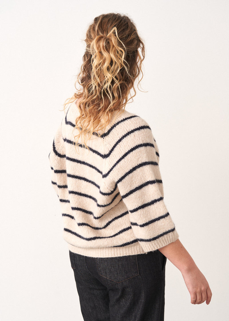 Light oatmeal sweater with cropped sleeves and navy stripe