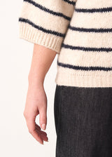 Light oatmeal sweater with cropped sleeves and navy stripe