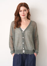 Blue green semi-sheer button up cardigan