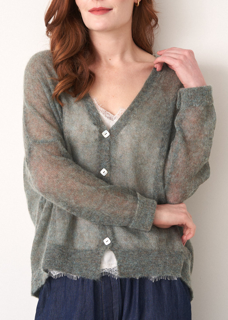 Blue green semi-sheer button up cardigan