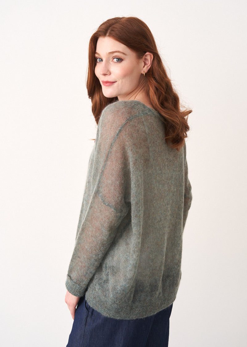 Blue green semi-sheer button up cardigan