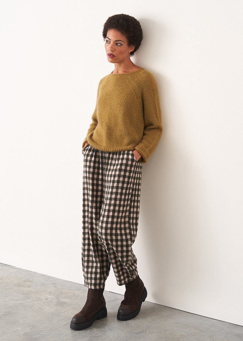 Olive cropped sweater with diamante detail and Khaki green check soft trousers