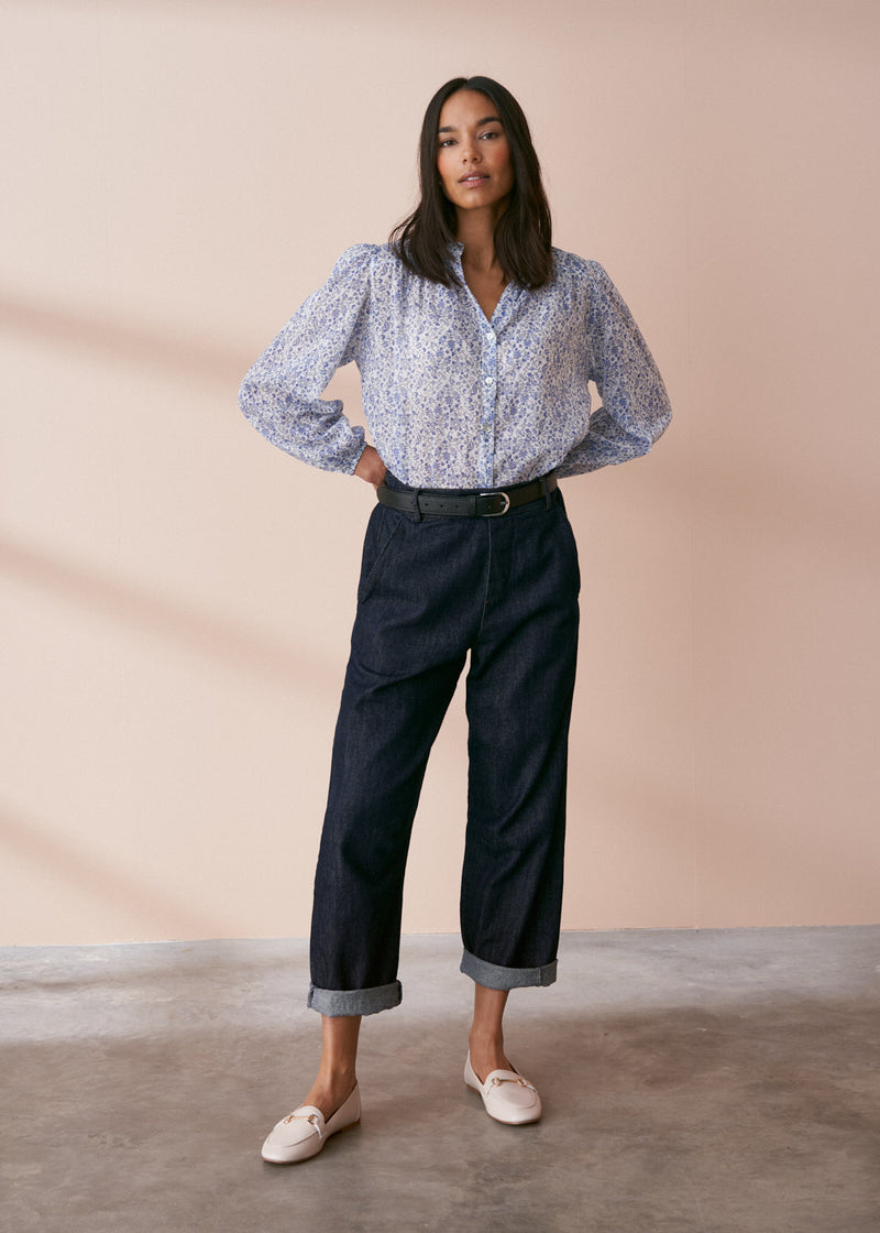 Blue and white floral ditsy print shirt