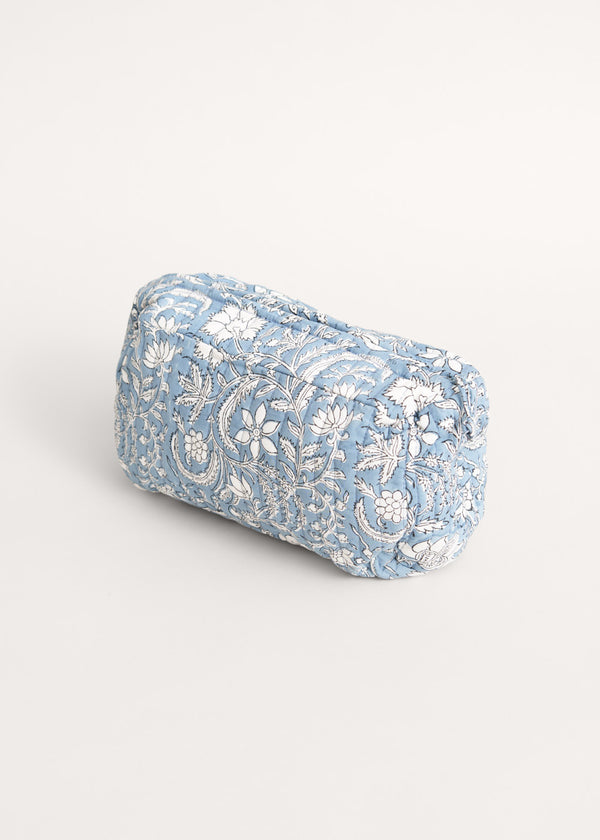 Blue and white floral print quilted pouch