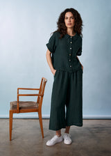 Dark green linen wide leg cropped trousers