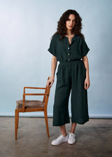 Dark green linen wide leg cropped trousers