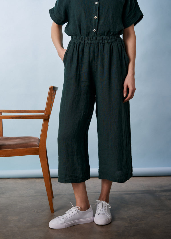 Dark green linen wide leg cropped trousers