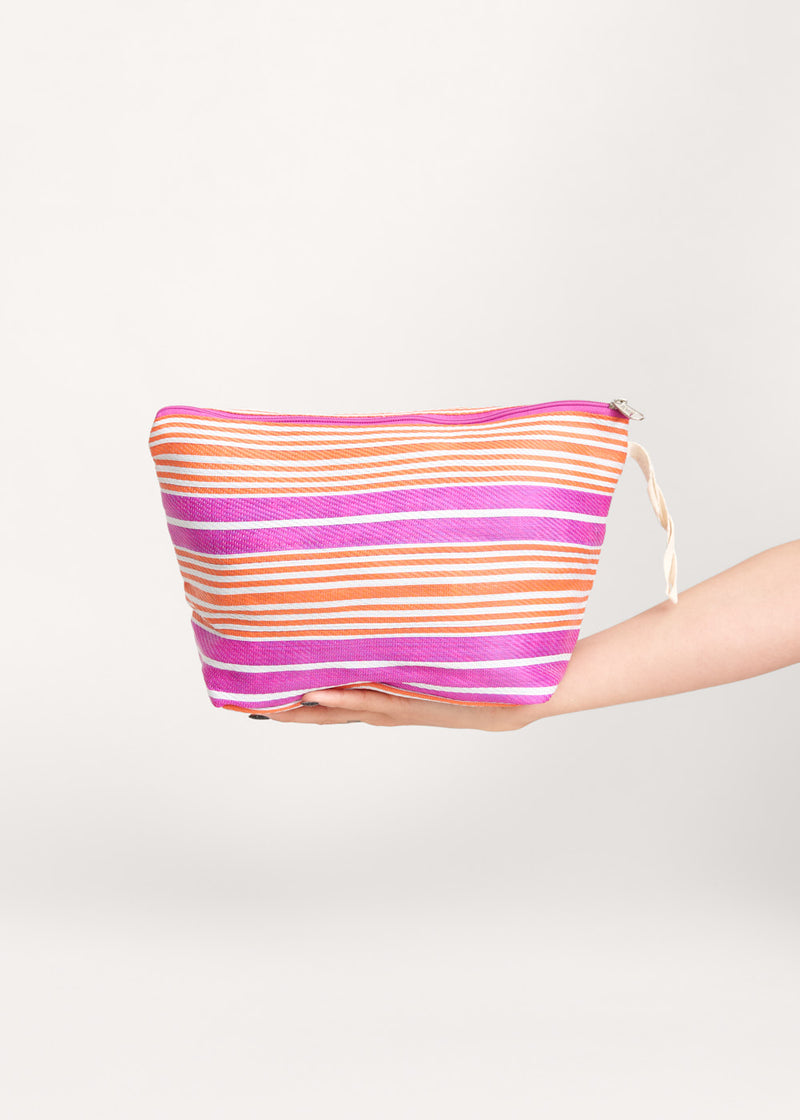 Pink and orange striped wash bag