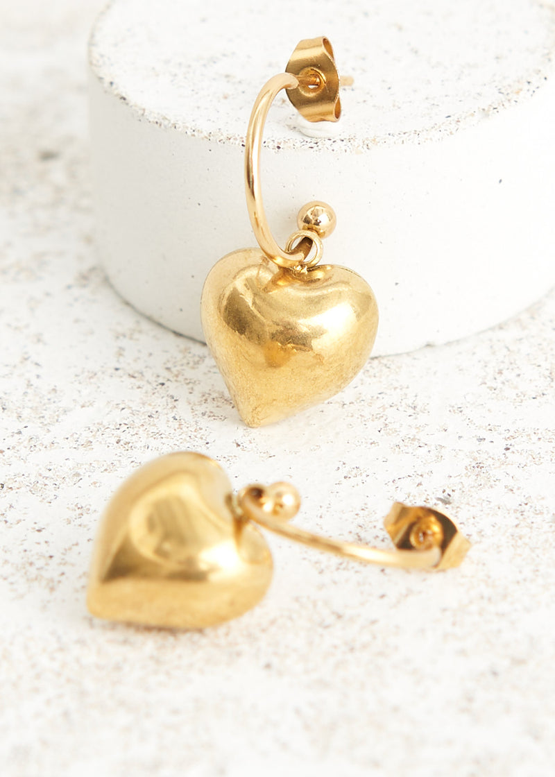 Gold puff heart drop earrings