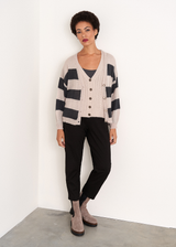 Black cotton tapered trousers and Cream and grey stripe knit cardigan