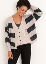 Sleeveless cable knit waistcoat and Cream and grey stripe knit cardigan