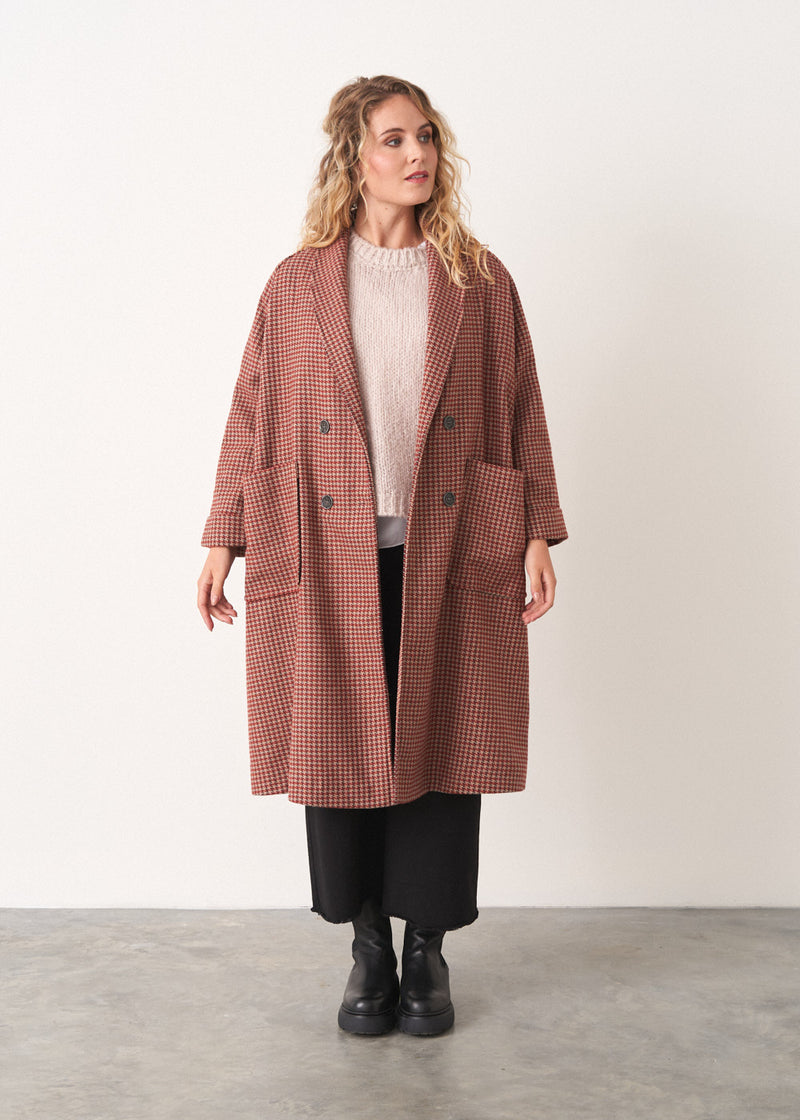 Double breasted pea coat with rust check and pockets