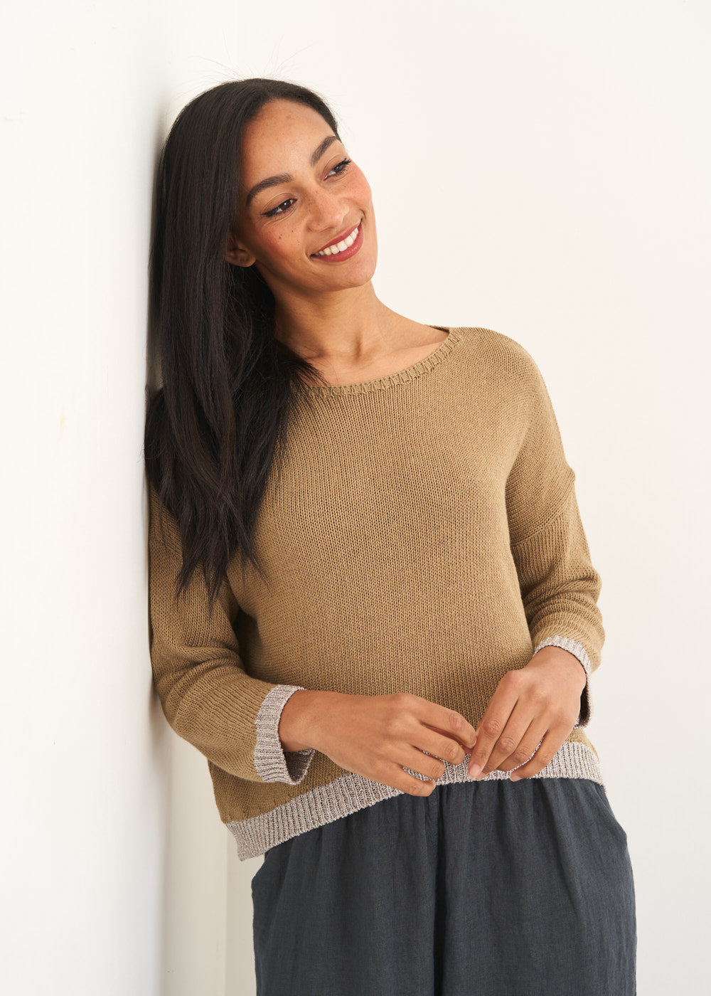 Rowan Metallic Trim Sweater - Camel | Knitwear | BUSBY & FOX