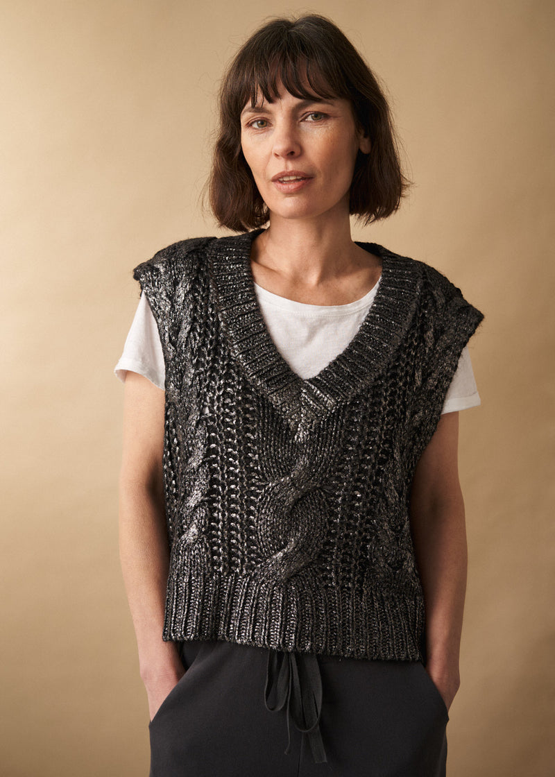 Dark grey silver metallic cable knit vest top