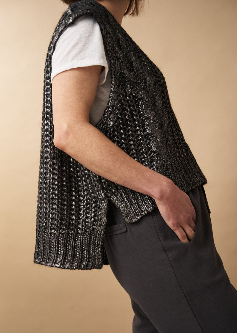 Dark grey silver metallic cable knit vest top