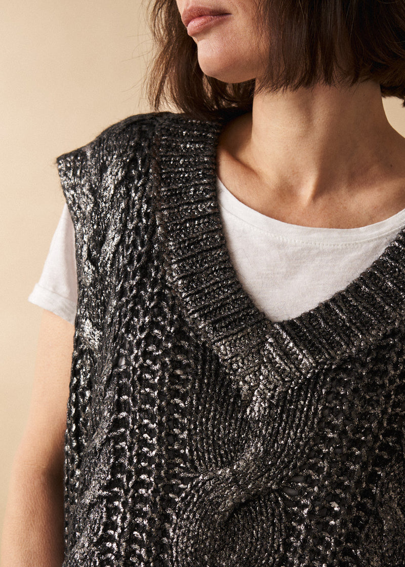 Dark grey silver metallic cable knit vest top