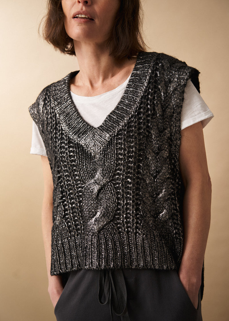 Dark grey silver metallic cable knit vest top