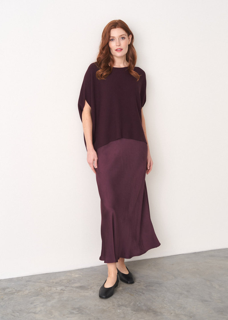 Burgundy satin bias cut midi skirt