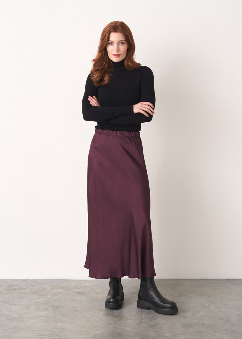 Burgundy satin bias cut midi skirt