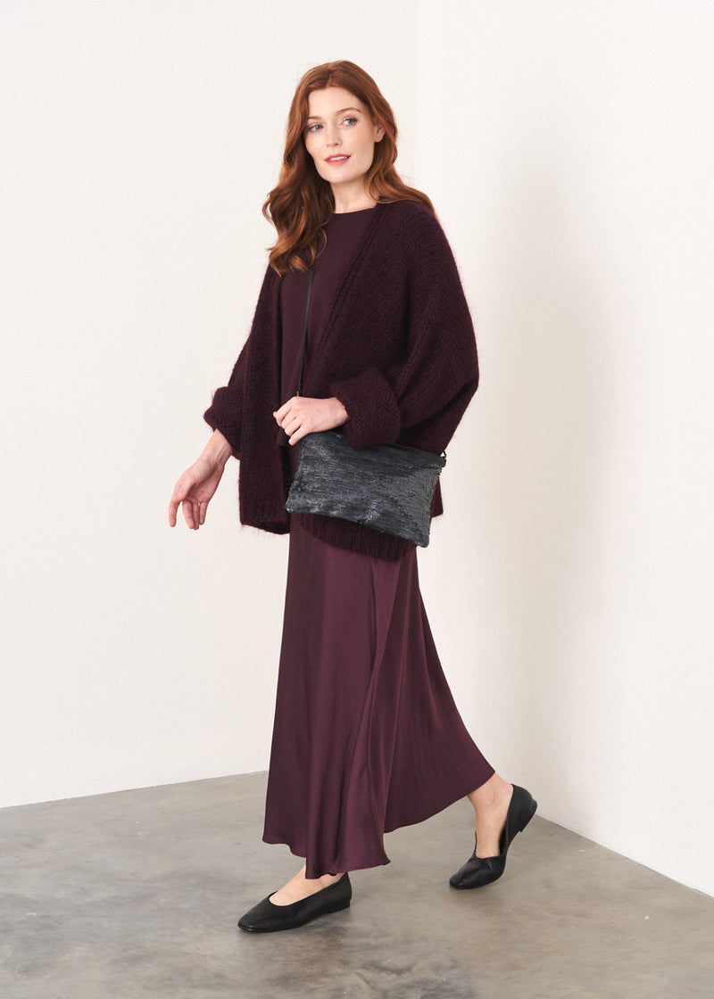 Burgundy satin bias cut midi skirt