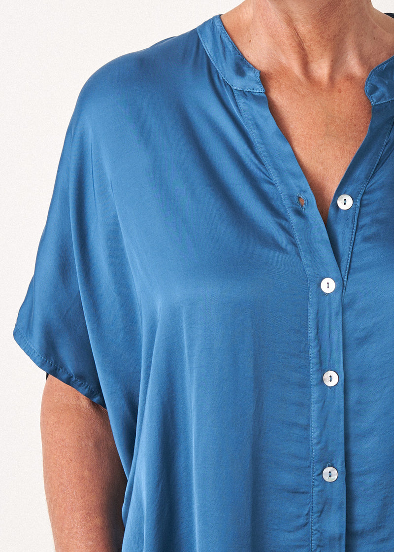 Teal satin short sleeve shirt