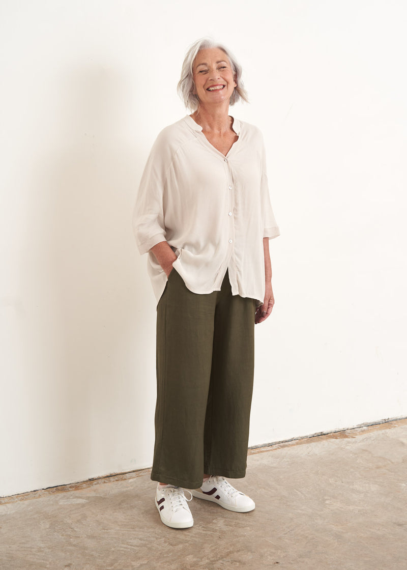 Khaki green cropped wide leg trousers