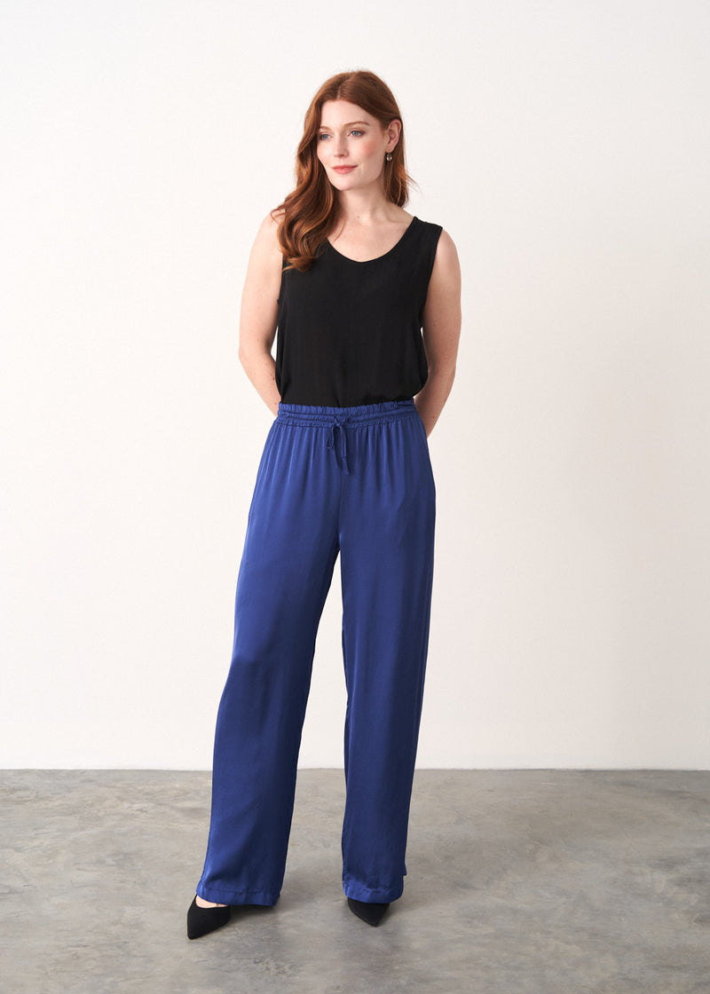 Blue long satin trousers