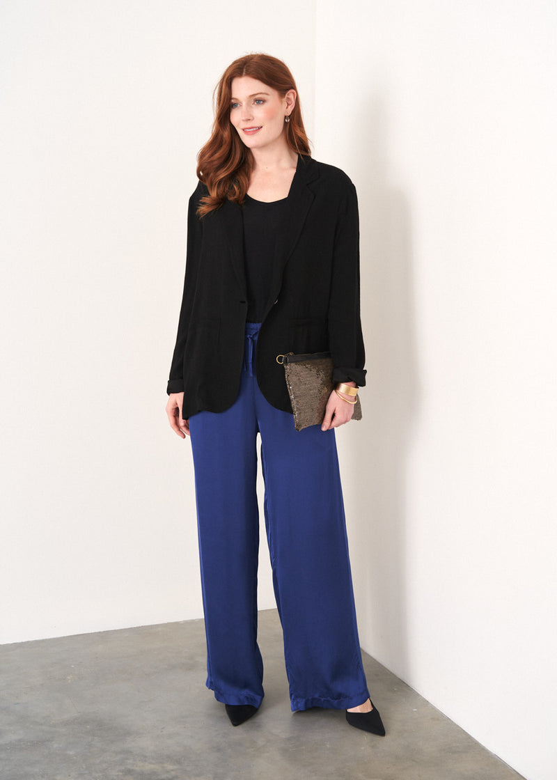 Blue long satin trousers