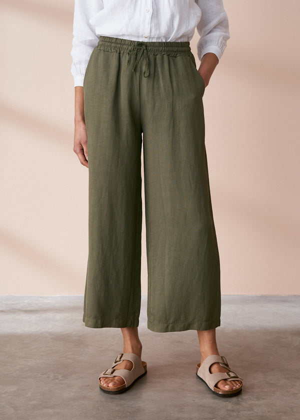 Khaki cropped linen blend trousers