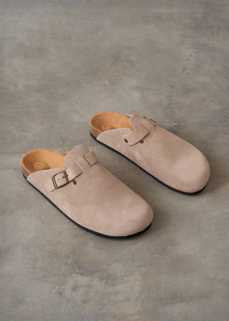 Taupe suede clog sandals