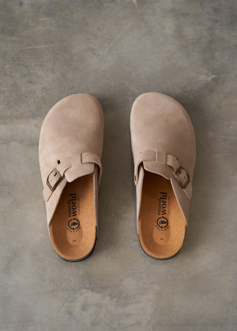 Taupe suede clog sandals