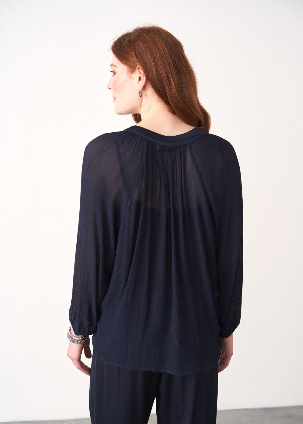 Sheer navy blouse online